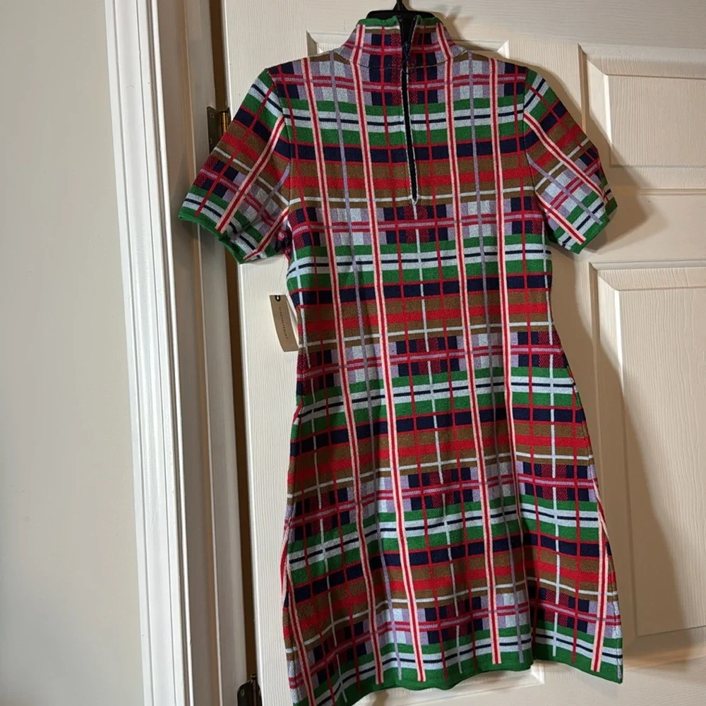 NWT! Anthro Rainbow Plaid Nina Short-Sleeve Mock-Neck Mod Sweater Mini Dress 🎆